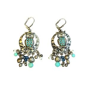 Vintage Silver Tone Owl Dangle Earrings Turquoise Beaded Leverback Boho‎ Chic